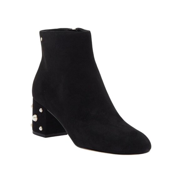 Kate Spade Womens Black Suede Taraji Faux Pearl Block Heel Bootie Sz 8.5 New - Picture 1 of 12